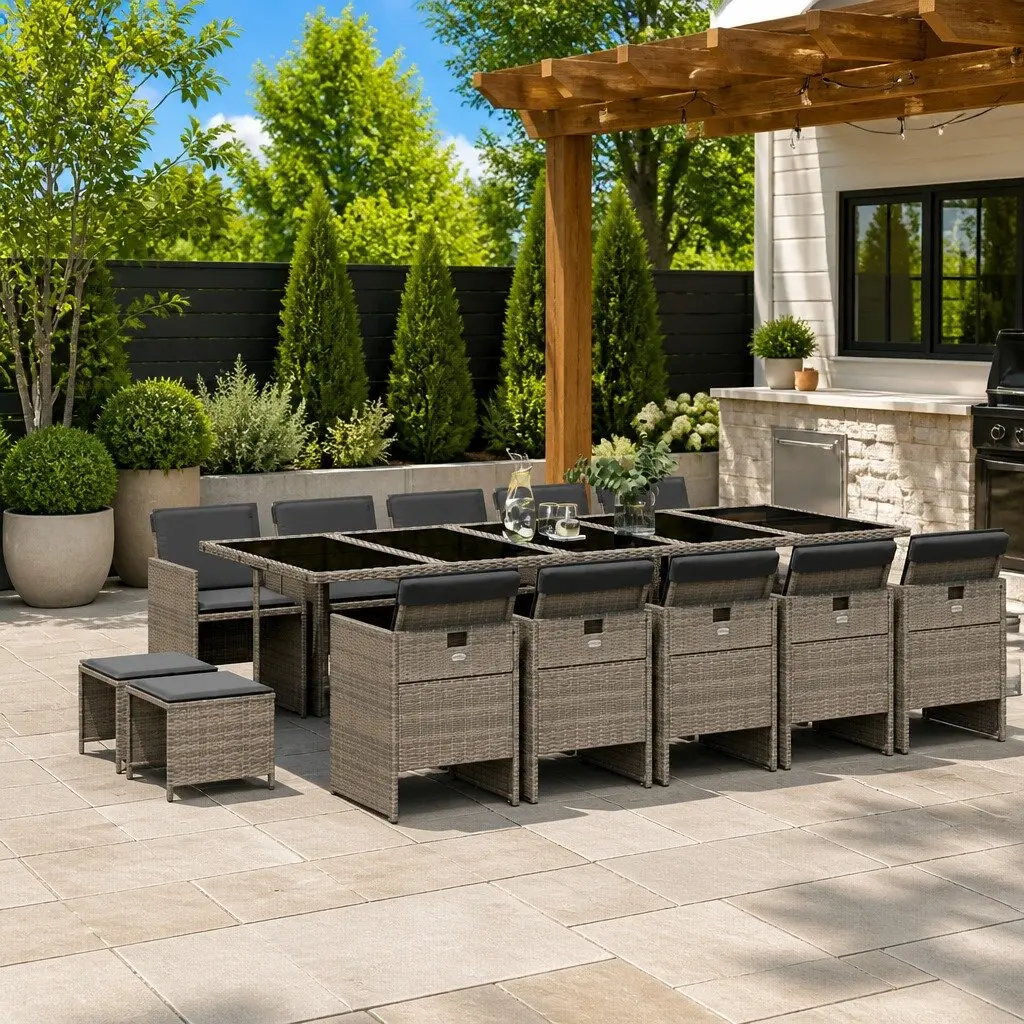 Garden Dining Set 15 Piece Grey Poly Rattan Outdoor Furniture with Cushions