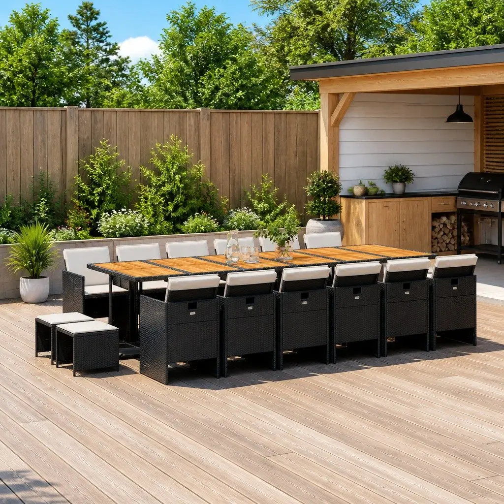 Garden Dining Set PE Rattan 17 Piece Outdoor Furniture Acacia Wood Table Black