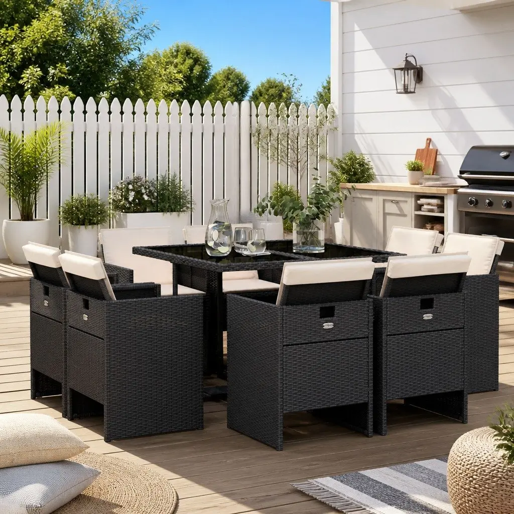 9 Piece Outdoor Dining Set PE Rattan Black Chairs Table Tempered Glass Top Patio Garden Furniture