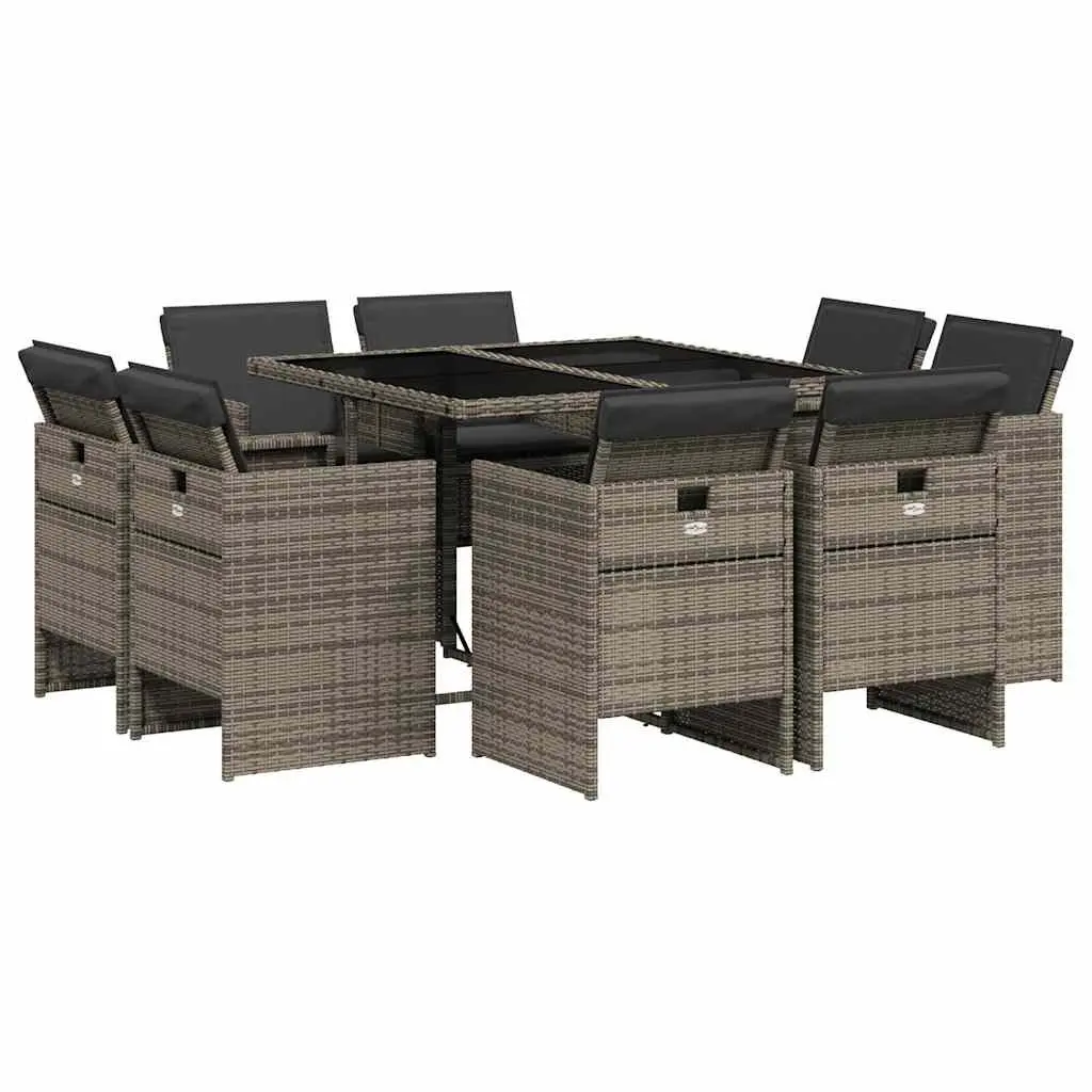 Garden Dining Set Grey Poly Rattan 9 Piece Outdoor Furniture with Tempered Glass Table and Foldable Chairs