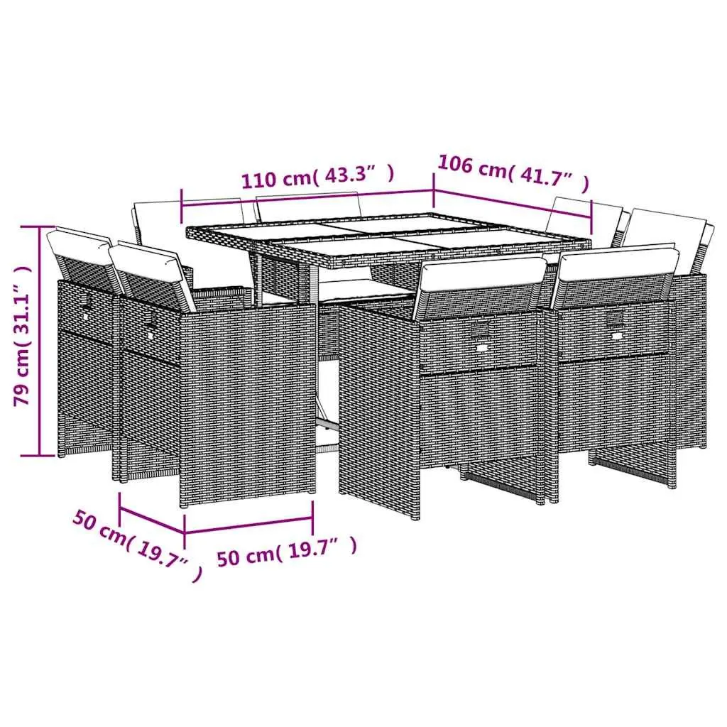 9 Piece Outdoor Dining Set Grey PE Rattan Furniture Patio Chairs Table with Cushions