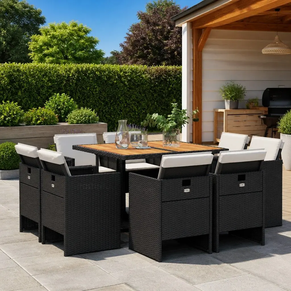 Garden Dining Set 9 Piece PE Rattan Acacia Wood Table Black Outdoor Furniture