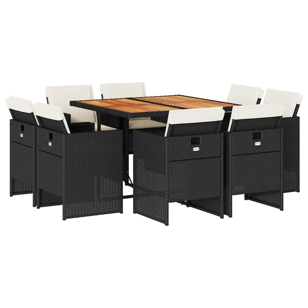 Garden Dining Set 9 Piece PE Rattan Acacia Wood Table Black Outdoor Furniture