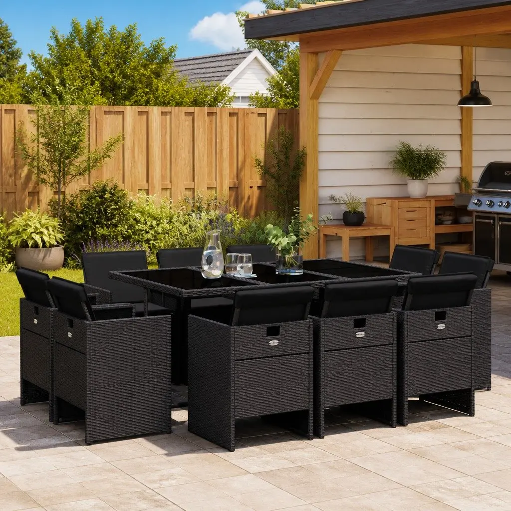 11 Piece Outdoor Garden Dining Set Black Poly Rattan Chairs Table Cushions