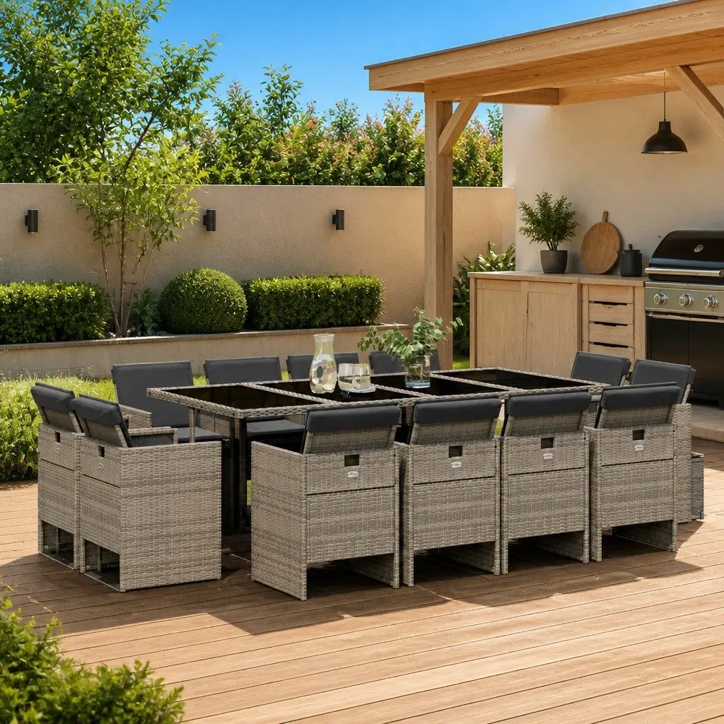 Garden Dining Set 13 Piece Poly Rattan Outdoor Furniture Grey with Cushions