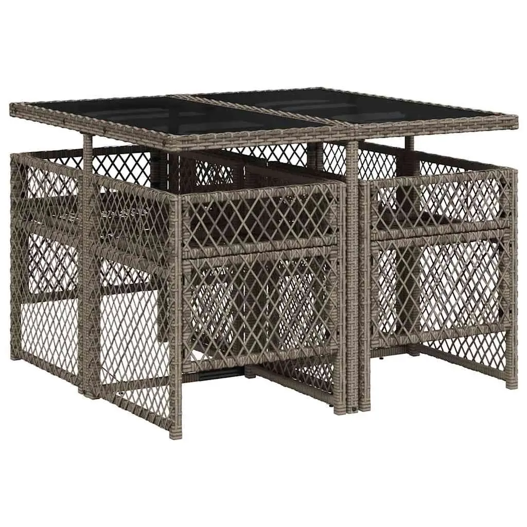 Outdoor Furniture Set Grey Poly Rattan Chairs Table 5 Piece with Tempered Glass Top and Cushions