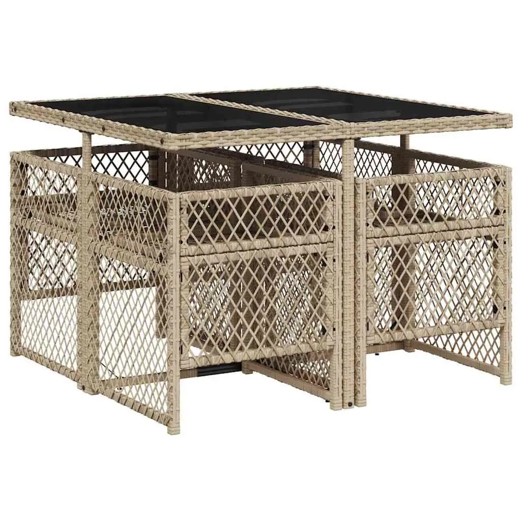 Garden Dining Set PE Rattan 5 Piece Outdoor Furniture Beige with Tempered Glass Table and Cushions
