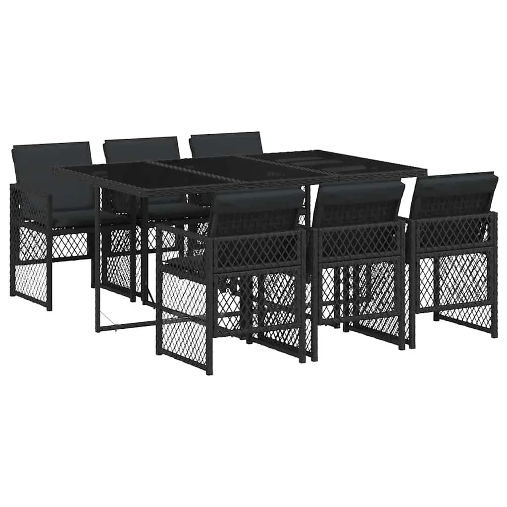 Garden Dining Set 7 Piece Black Poly Rattan Table with Tempered Glass Top and Chairs with Cushions