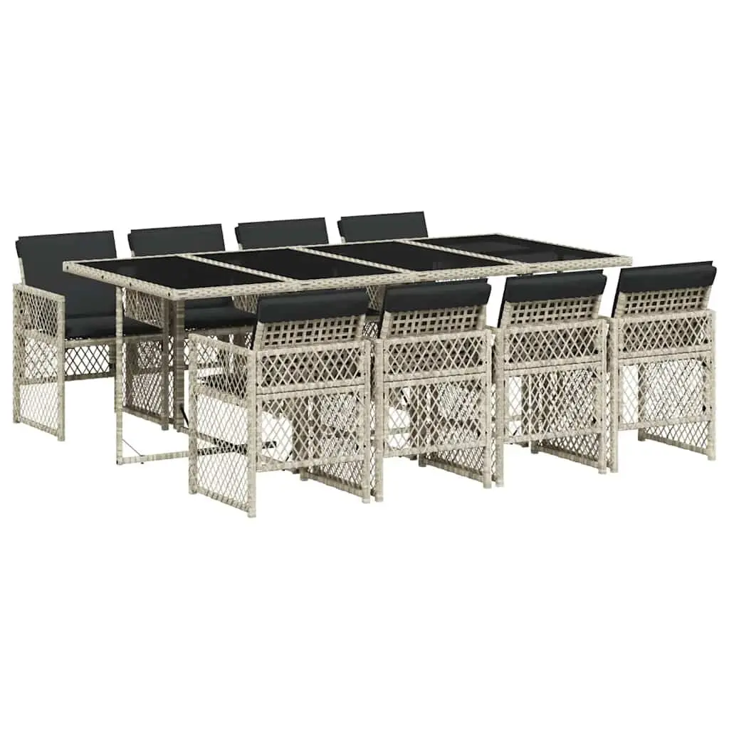 Garden Dining Set 9 Piece PE Rattan Light Grey Outdoor Furniture with Tempered Glass Table and Padded Chairs for Patio
