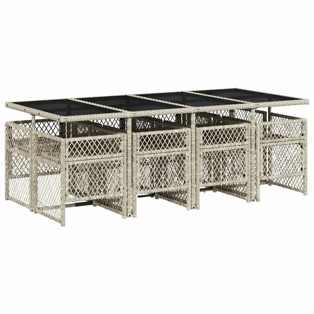 Garden Dining Set 9 Piece PE Rattan Light Grey Outdoor Furniture with Tempered Glass Table and Padded Chairs for Patio