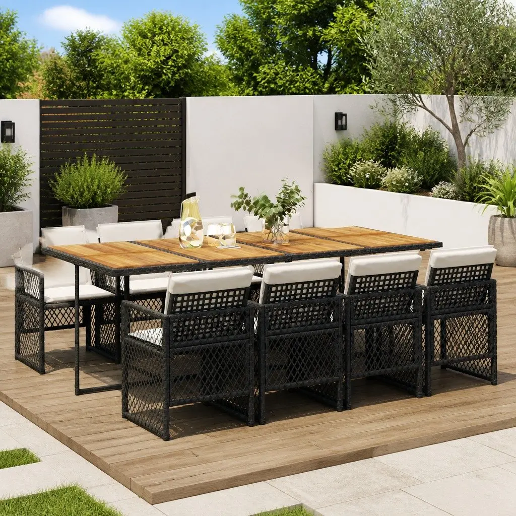 Outdoor Dining Set PE Rattan 9 Piece Garden Furniture Black Table Chairs