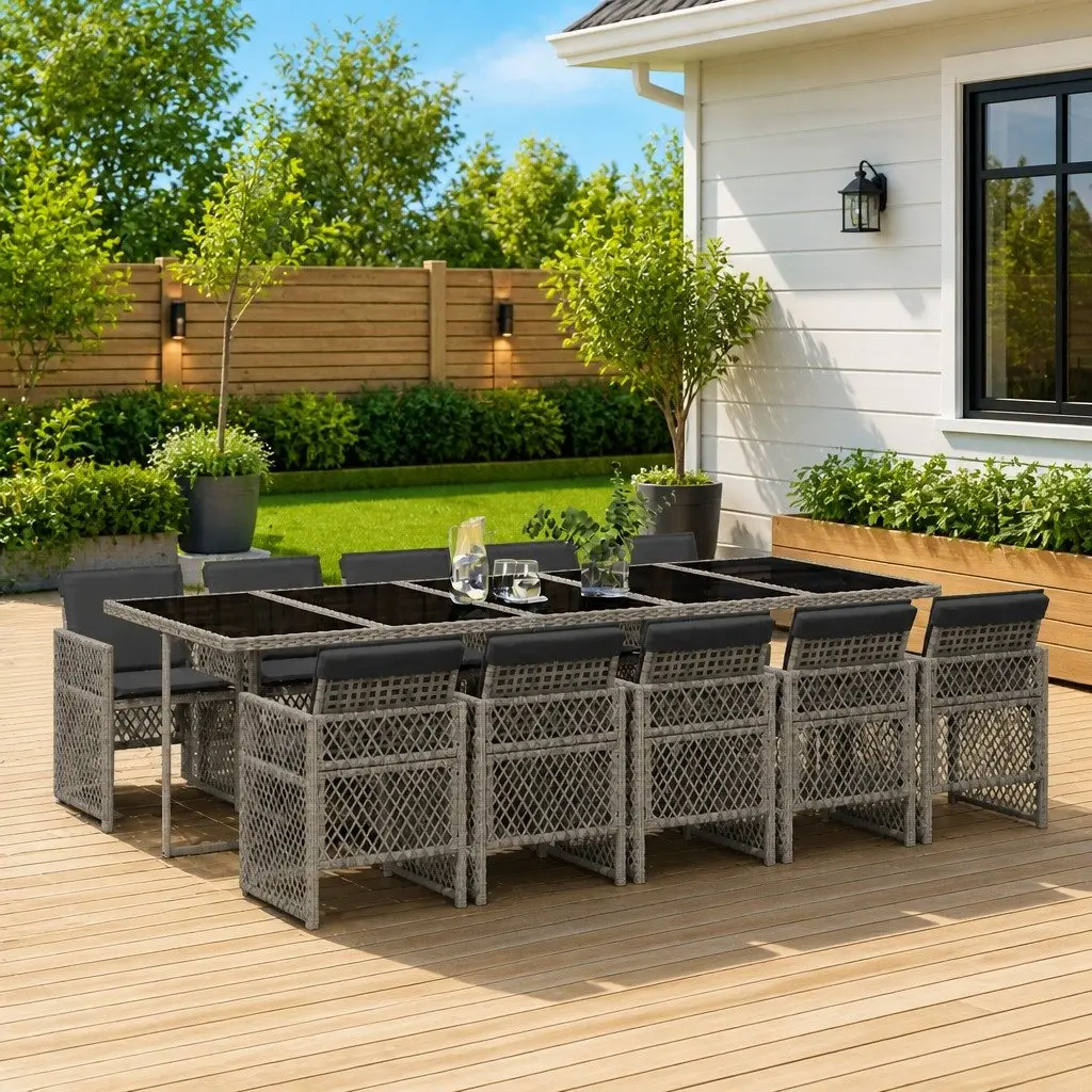 Garden Dining Set 11 Piece Grey PE Rattan Tempered Glass