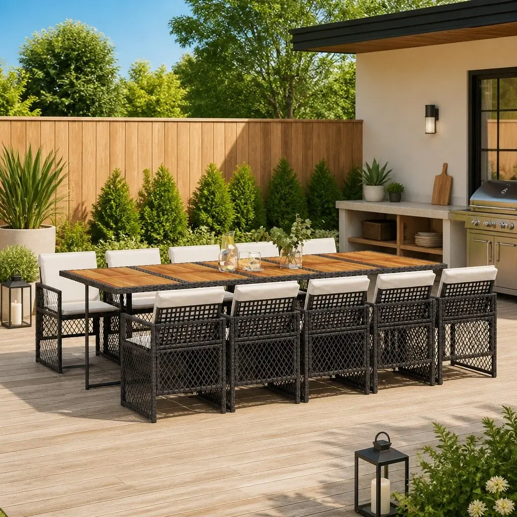 Garden Dining Set 11 Piece Outdoor Furniture Black Poly Rattan Acacia Wood Table