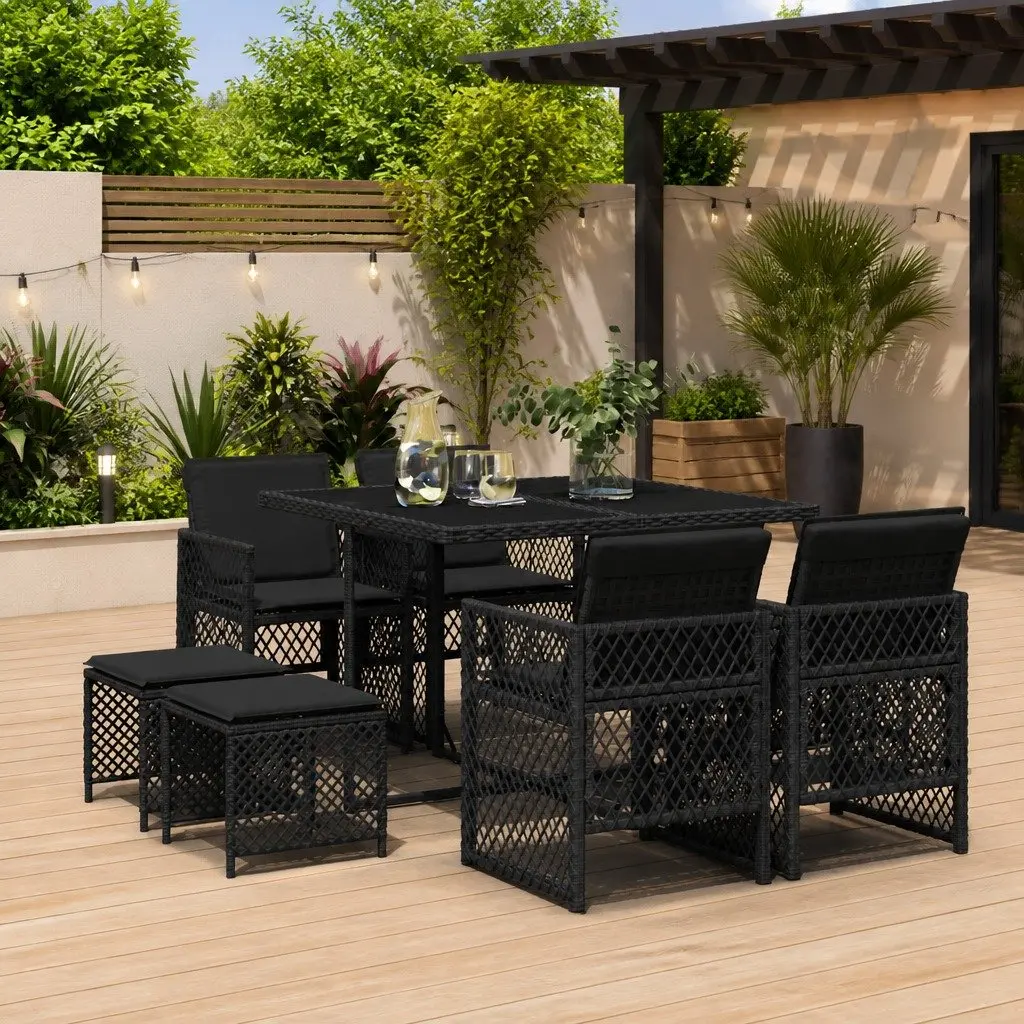 9 Piece Outdoor Dining Set Poly Rattan Cushioned Patio Furniture Black