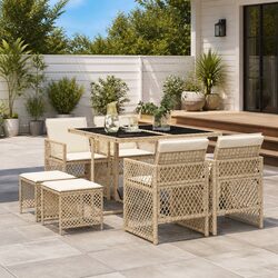 9 Piece Garden Dining Set Outdoor Patio Furniture with Cushions Beige Poly