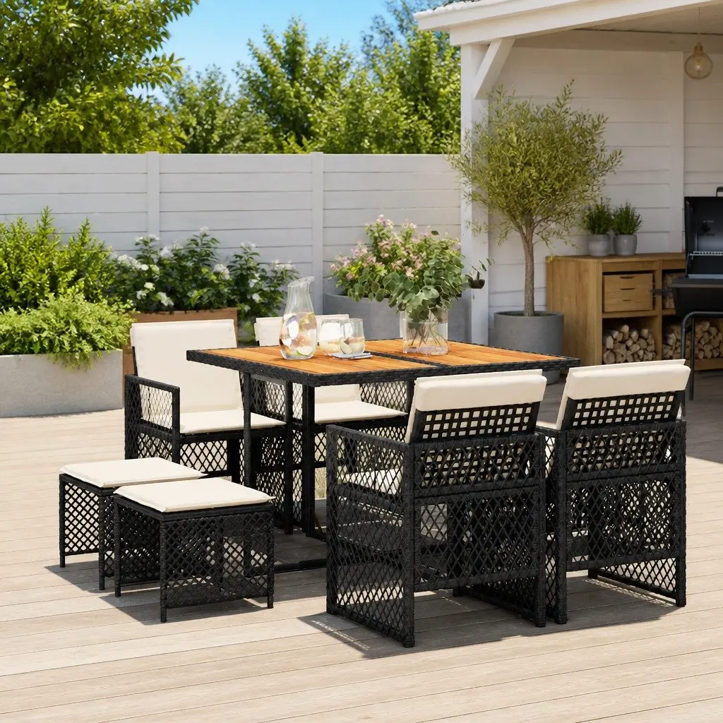 Outdoor Dining Set Black PE Rattan 9 Piece Furniture with Acacia Wood Table and Foldable Chair Backrests
