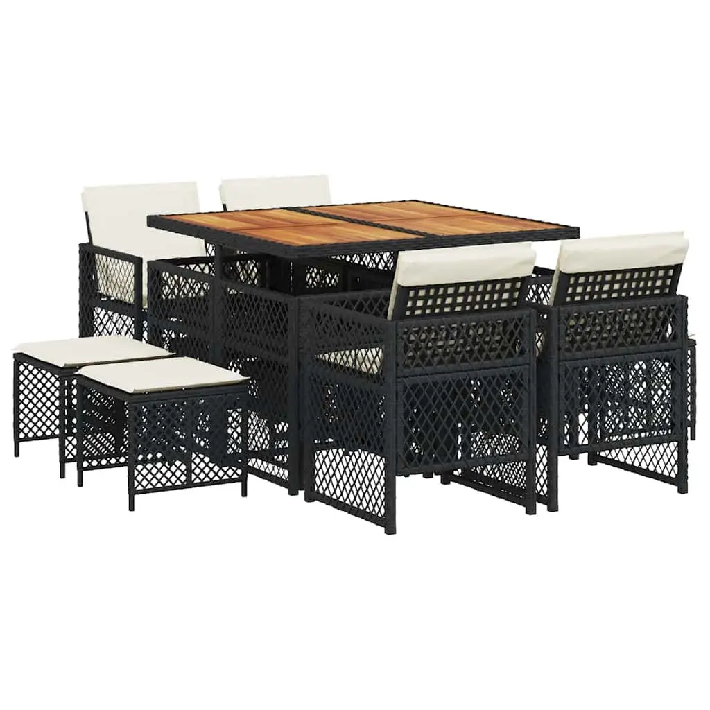 Outdoor Dining Set Black PE Rattan 9 Piece Furniture with Acacia Wood Table and Foldable Chair Backrests