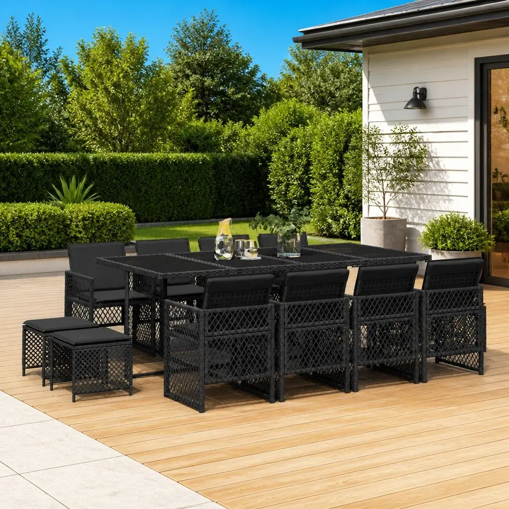 Garden Dining Set 13 Piece PE Rattan Outdoor Furniture Patio Table Chairs Cushions Black