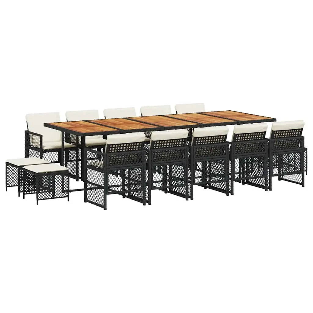 Outdoor Garden Dining Set 15 Piece Black Poly Rattan Table Chairs Cushions Patio