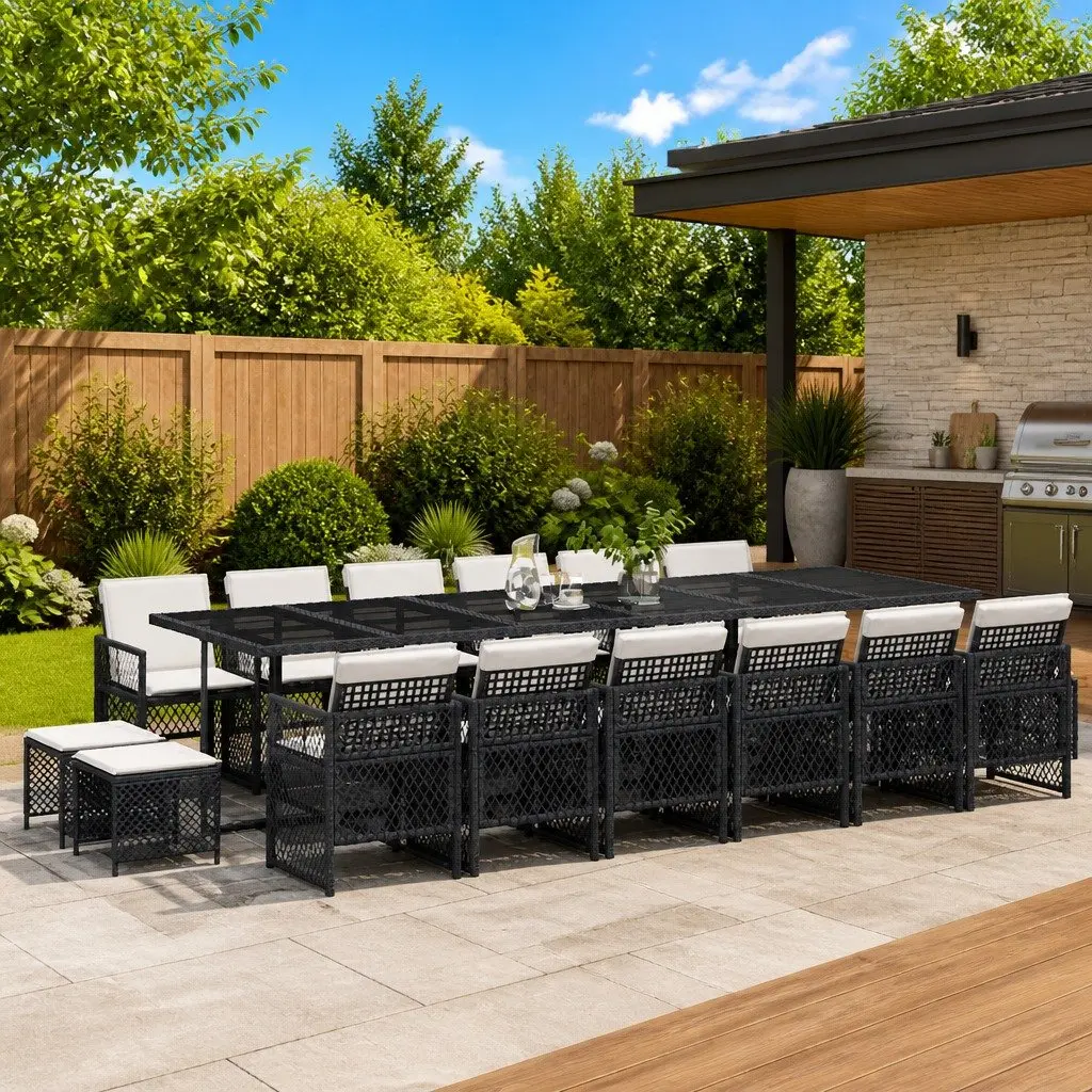 Garden Dining Set 17 Piece PE Rattan Black Outdoor Furniture with Cushions