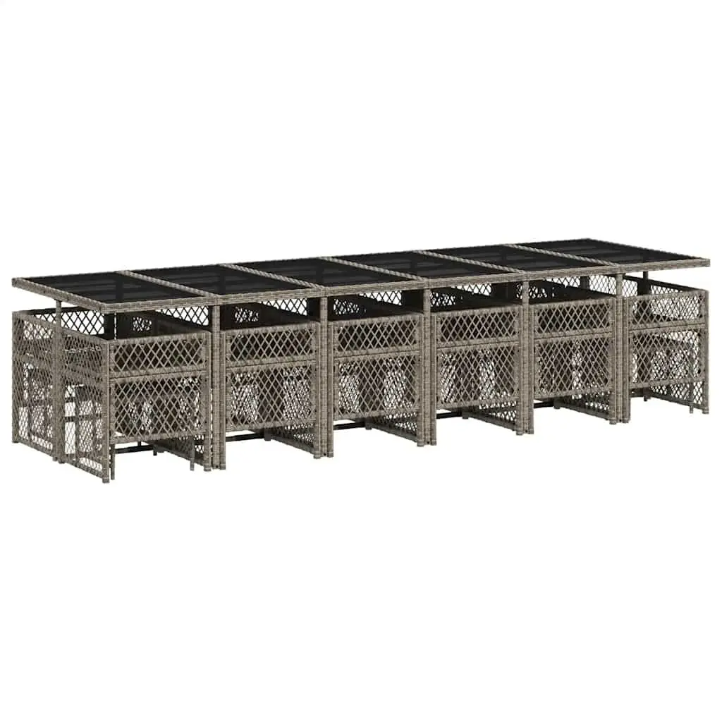 Garden Dining Set 17 Piece Outdoor Furniture PE Rattan Grey with Tempered Glass Tabletop and Cushions