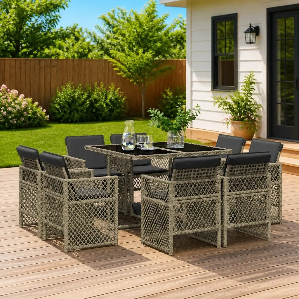 Garden Dining Set 9 Piece Grey Poly Rattan Outdoor Furniture Patio Table Chairs