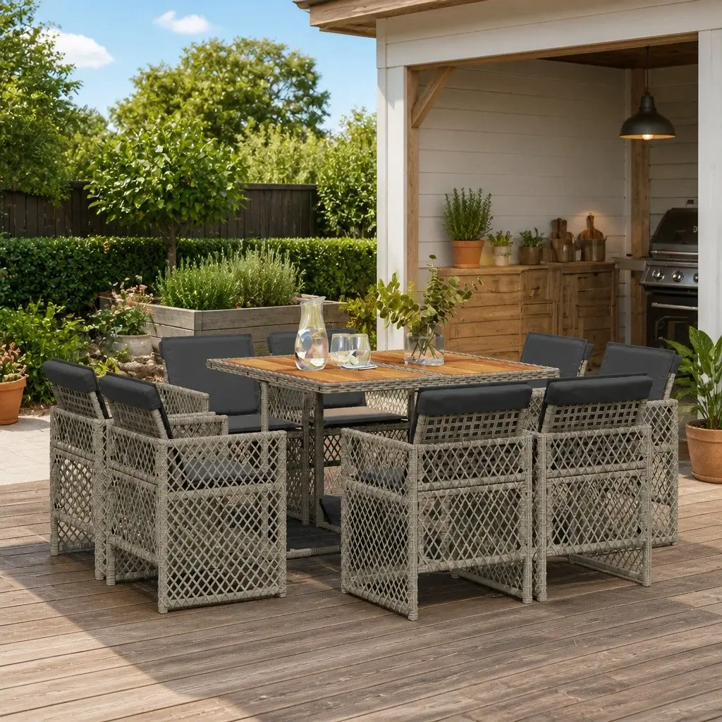 9 Piece Garden Dining Set Grey Poly Rattan Outdoor Furniture Patio Chairs Table