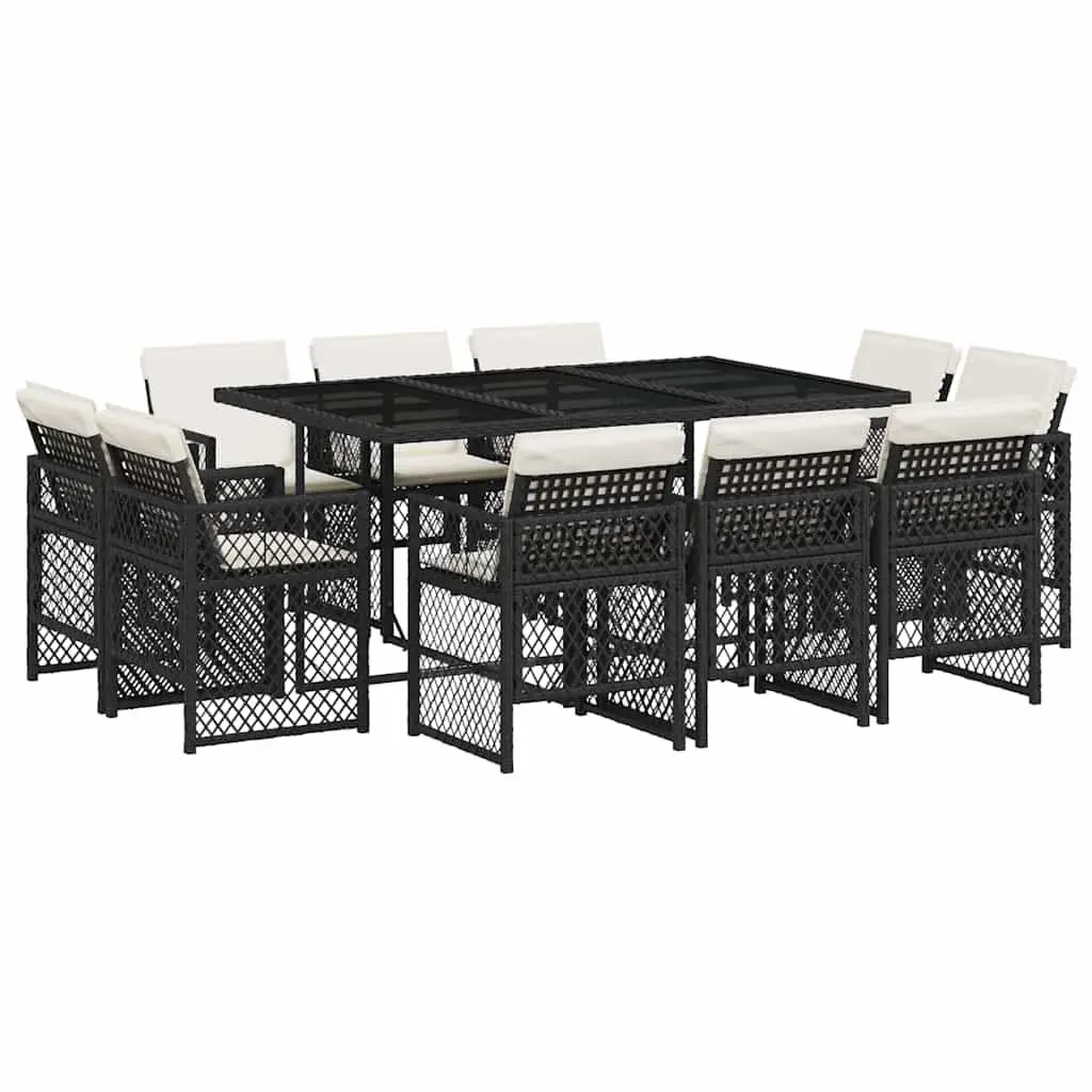 Outdoor Dining Set Black PE Poly Rattan Cushioned Chairs with Glass Table 11 Piece