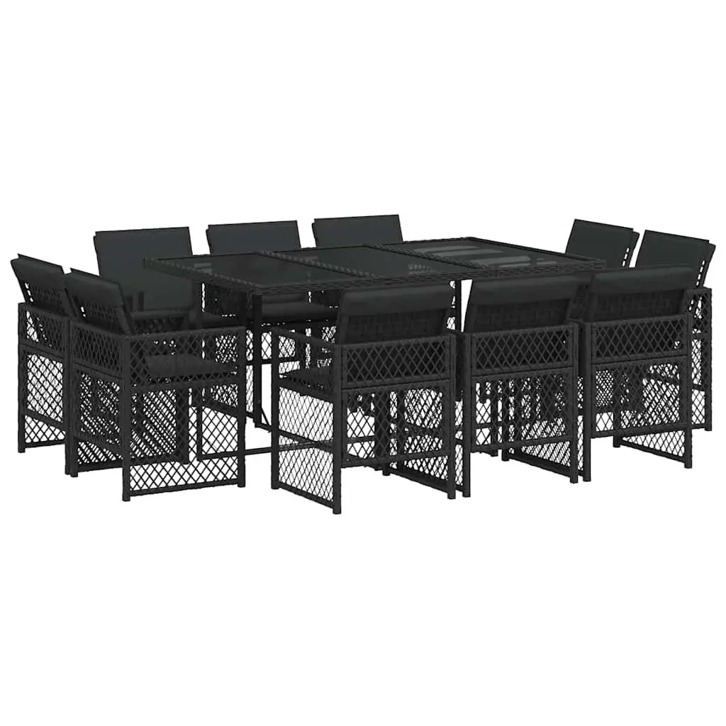 Outdoor Dining Set 11 Piece Black PE Rattan Furniture with Tempered Glass Table and Cushions for Garden or Patio