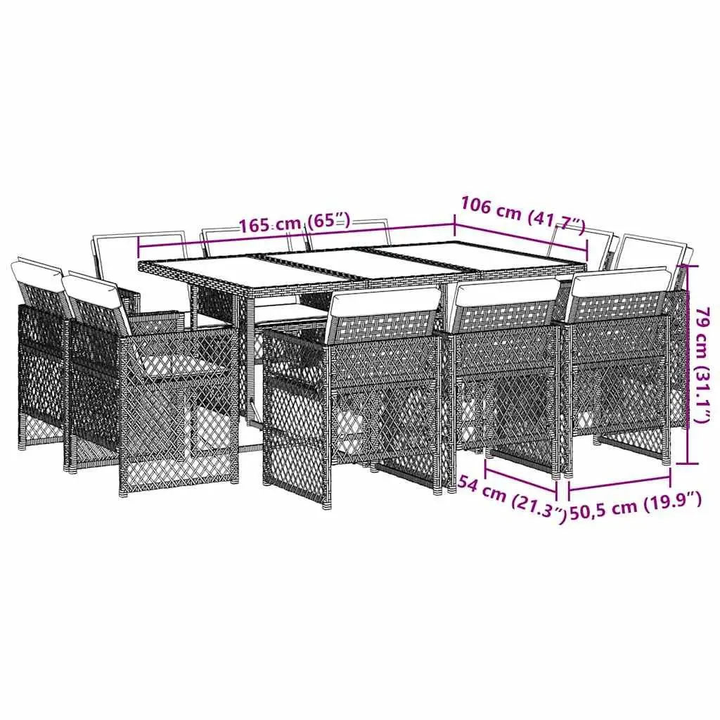 Outdoor Dining Set 11 Piece Black PE Rattan Furniture with Tempered Glass Table and Cushions for Garden or Patio