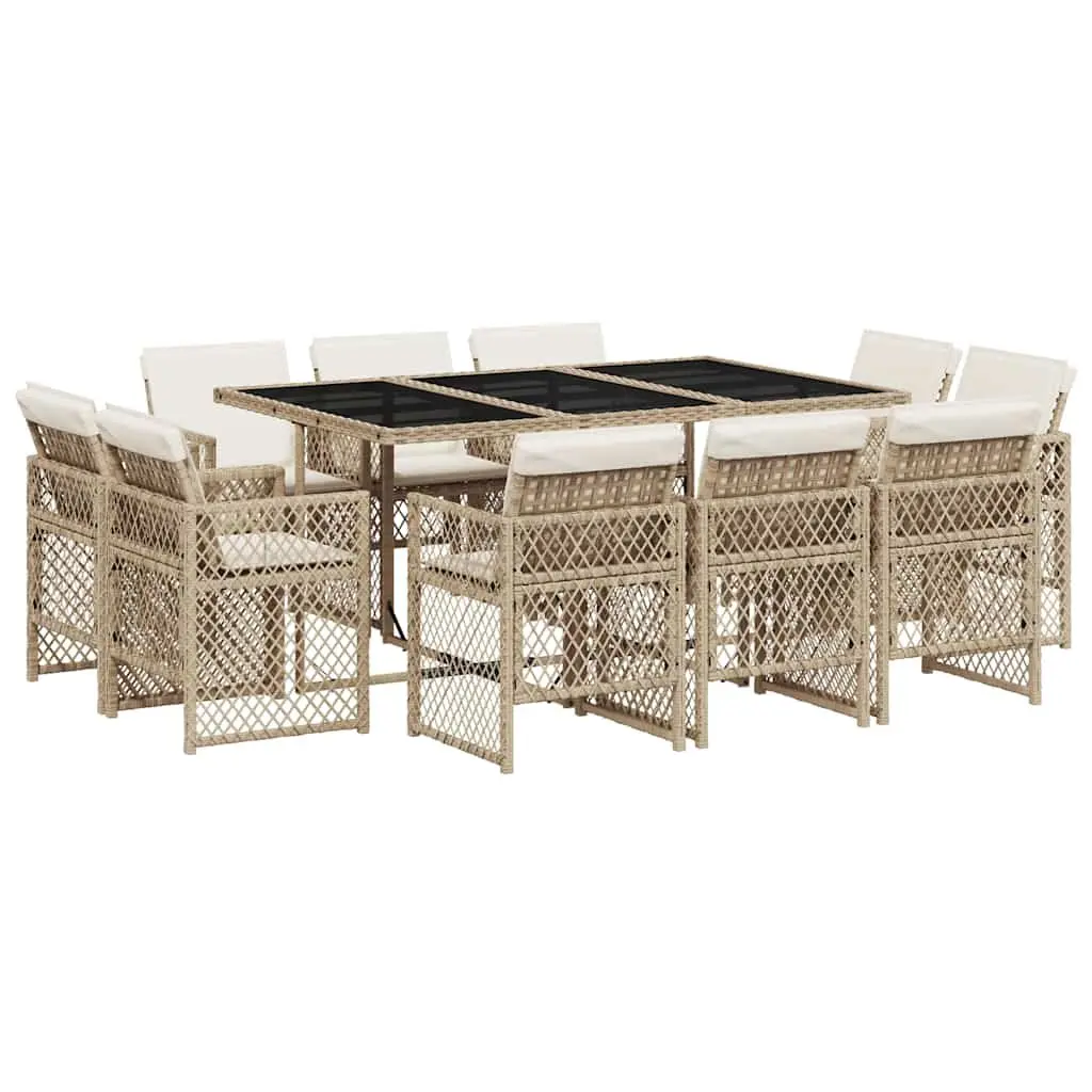 Garden Dining Set 11 Piece Outdoor Furniture PE Rattan Beige with Tempered Glass Table and Cushions