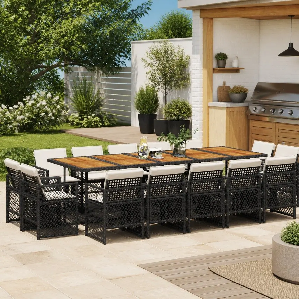 Garden Dining Set 15 Piece Outdoor Furniture Black Poly Rattan Chairs Table