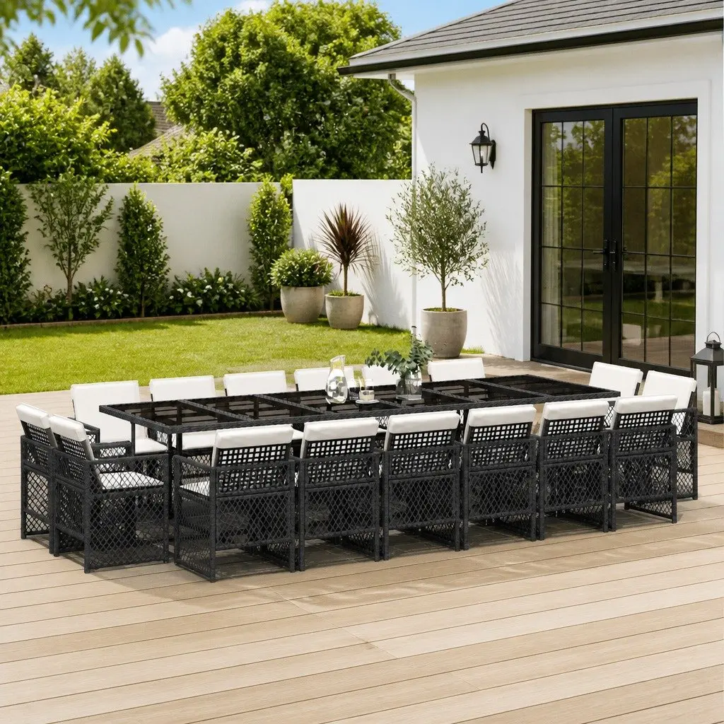 Garden Dining Set 17 Piece PE Rattan Outdoor Furniture Black Chairs Table