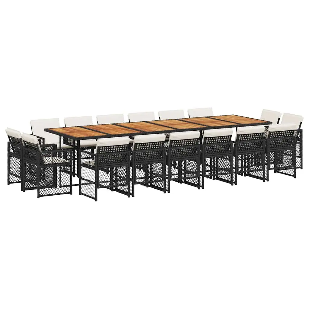 Outdoor Garden Dining Set 17 Piece PE Rattan Furniture Black with Acacia Wood Table Top and Padded Cushions