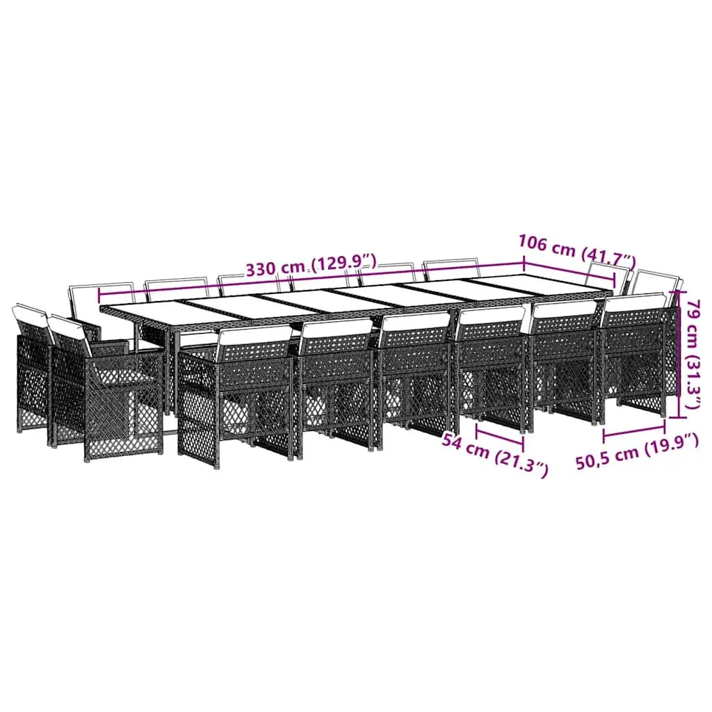 Outdoor Garden Dining Set 17 Piece PE Rattan Furniture Black with Acacia Wood Table Top and Padded Cushions