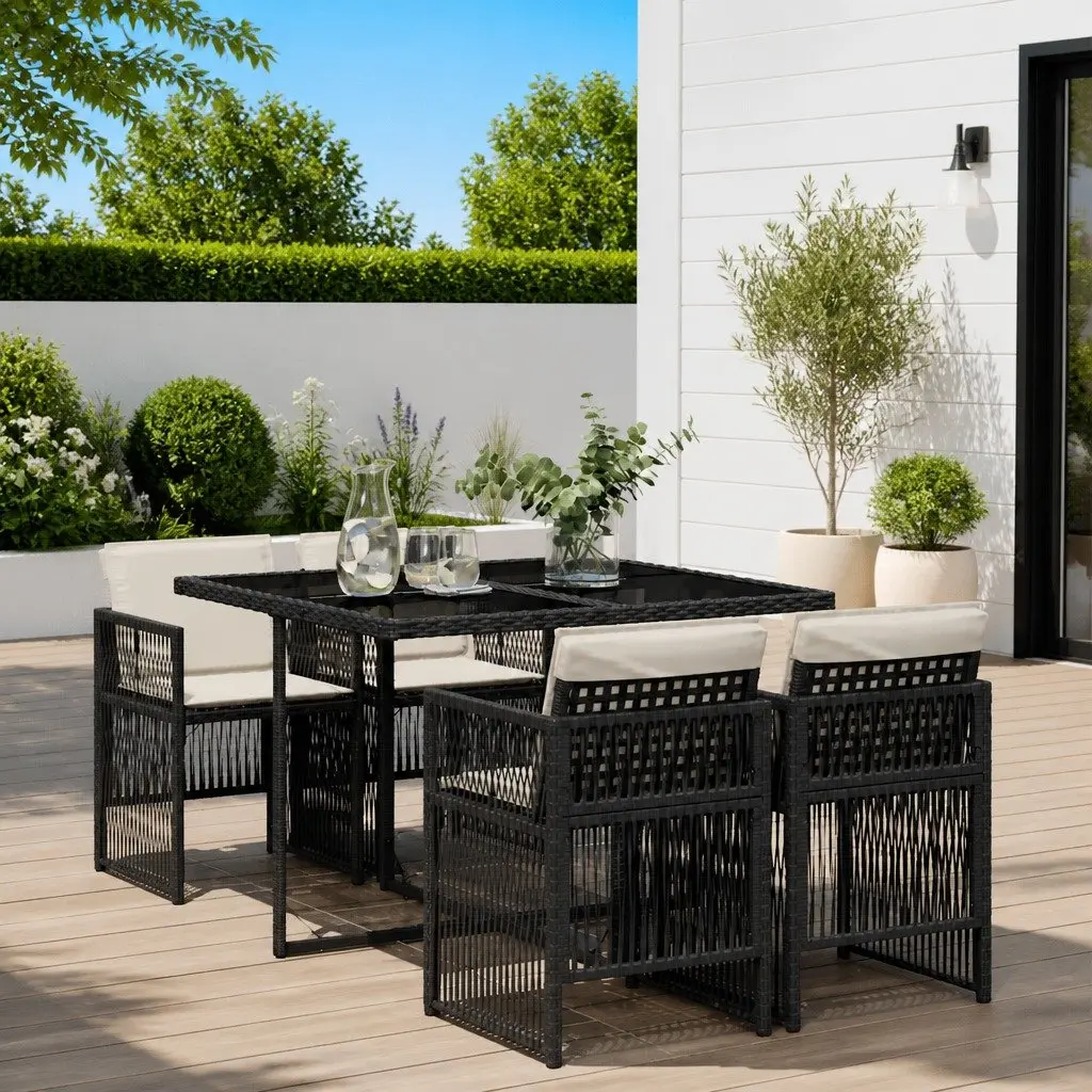 5 Piece Garden Dining Set Poly Rattan Black Outdoor Patio Table Chairs Cushions