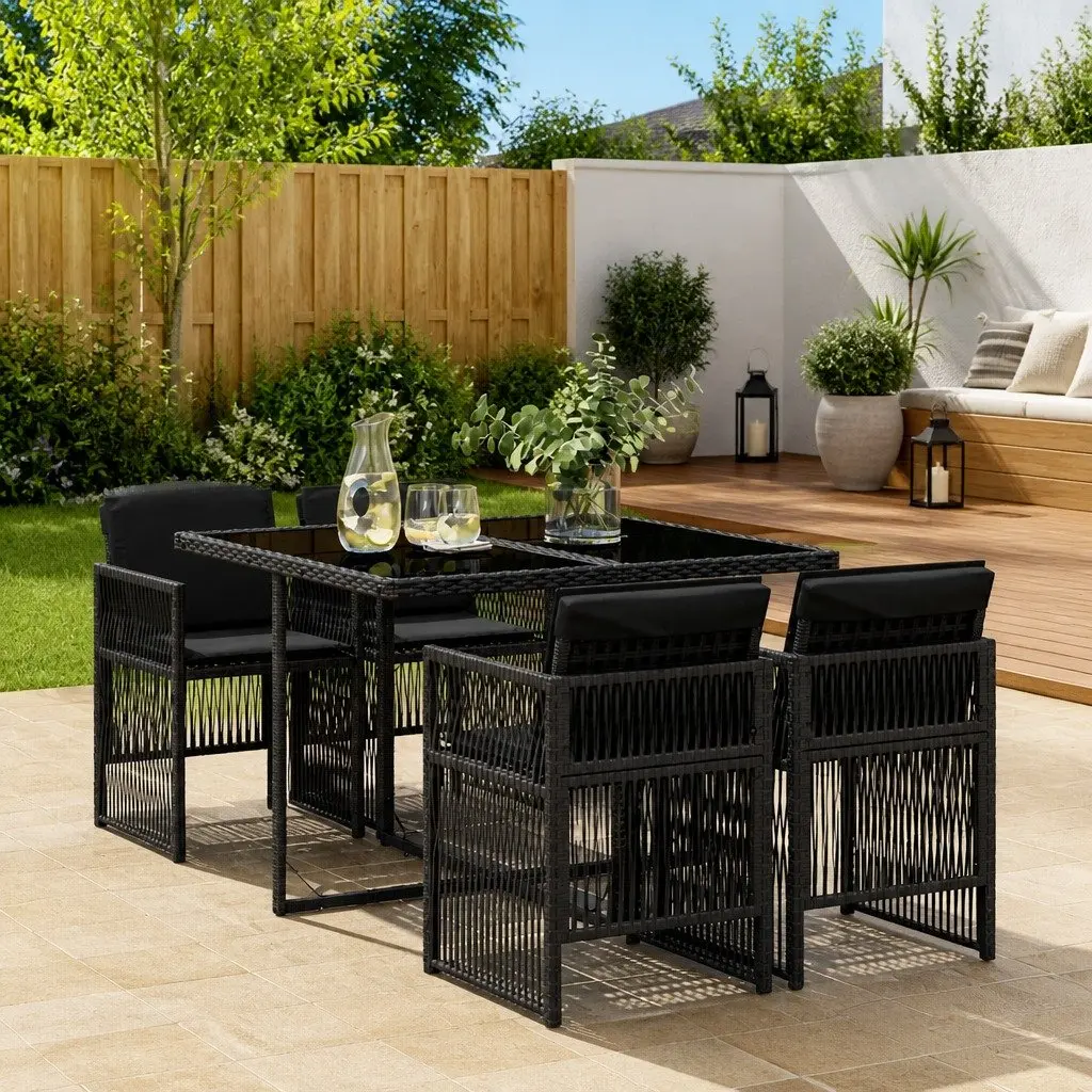 5 Piece Outdoor Dining Set PE Rattan Black Table and Chairs with Cushions