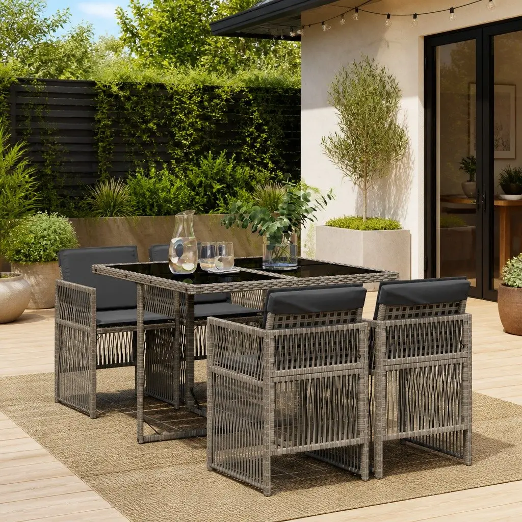5 Piece Outdoor Dining Set PE Rattan Grey with Cushions Tempered Glass Table
