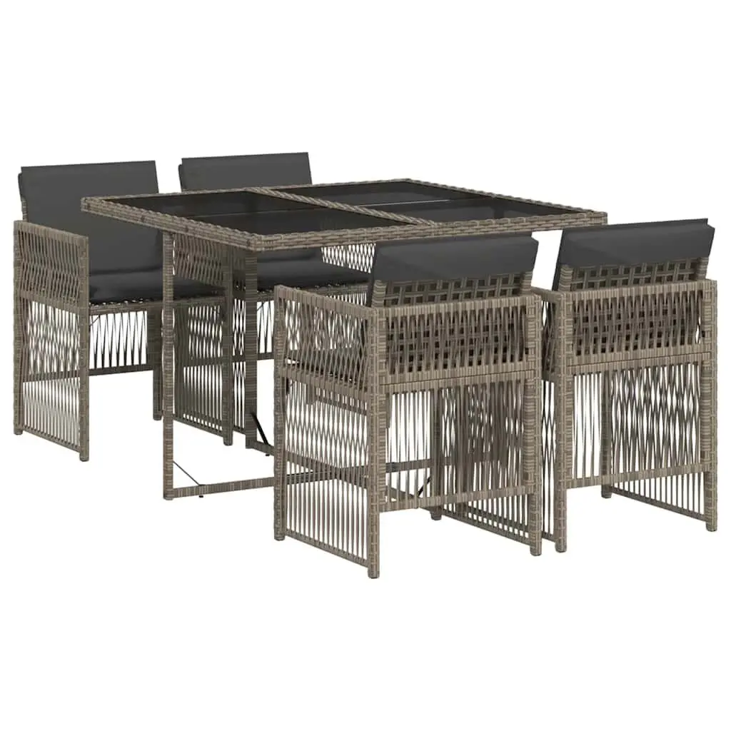 5 Piece Outdoor Dining Set PE Rattan Grey with Cushions Tempered Glass Table