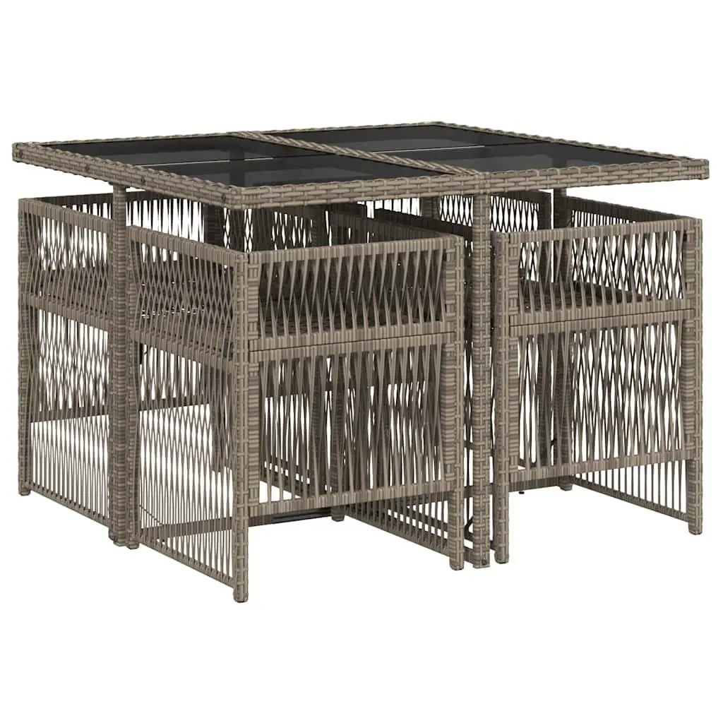 5 Piece Outdoor Dining Set PE Rattan Grey with Cushions Tempered Glass Table
