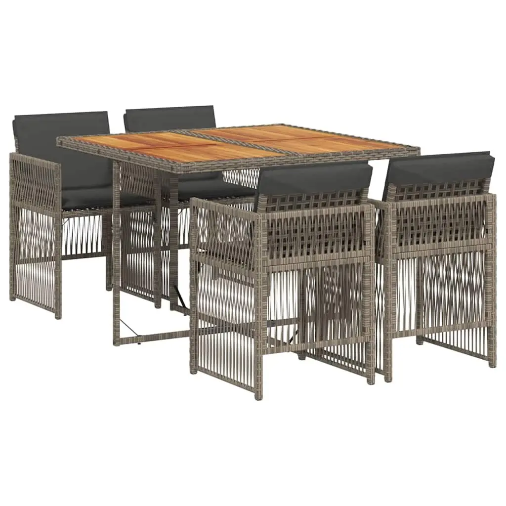 5 Piece Outdoor Dining Set Grey Acacia Wood Table with Poly Rattan Chairs and Cushions