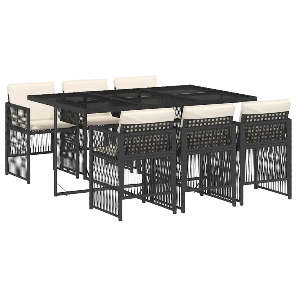 7 Piece Outdoor Dining Set PE Rattan Black Chairs Table with Cushions