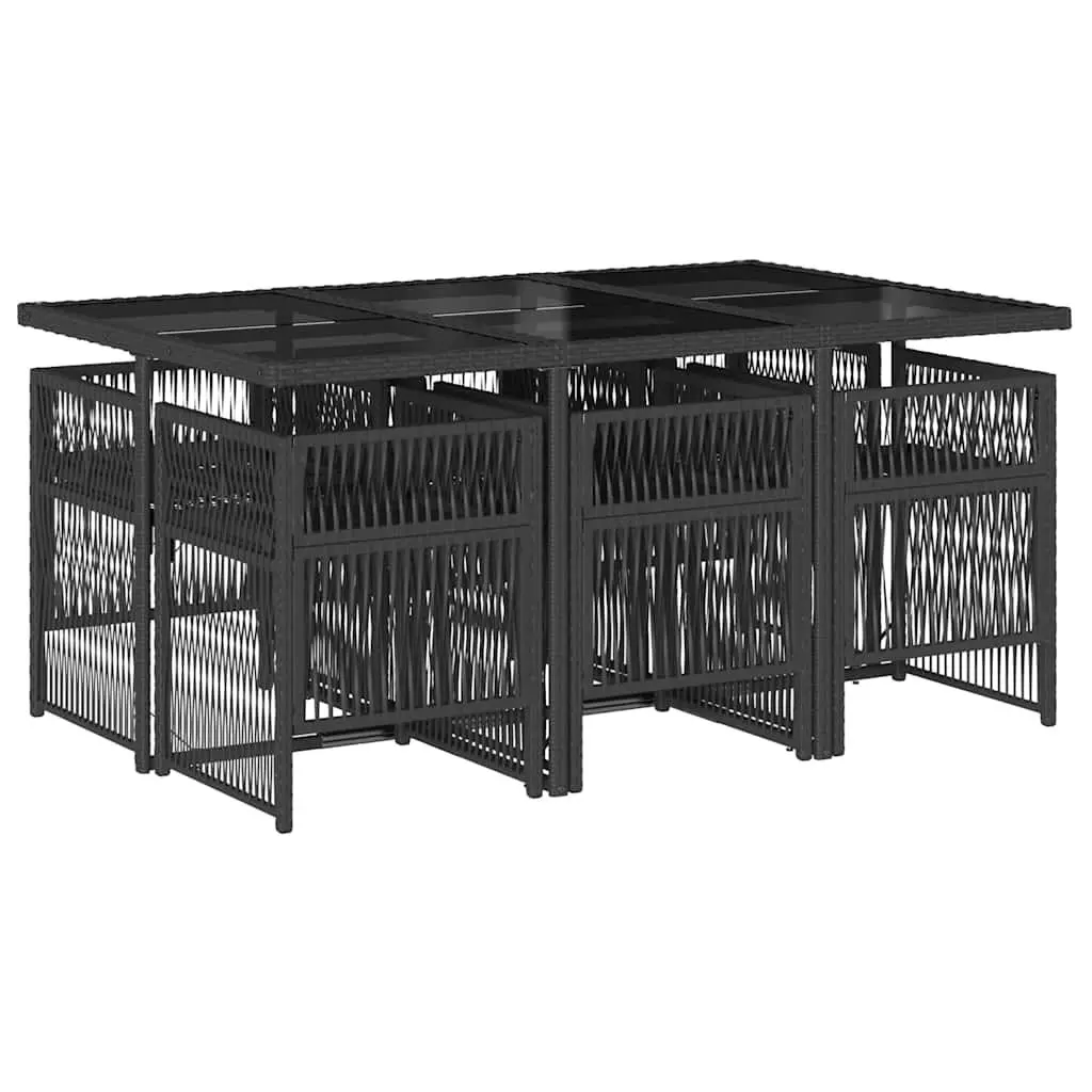 Outdoor Dining Set Black Tempered Glass Table with Foldable Chairs Poly Rattan 7 Piece