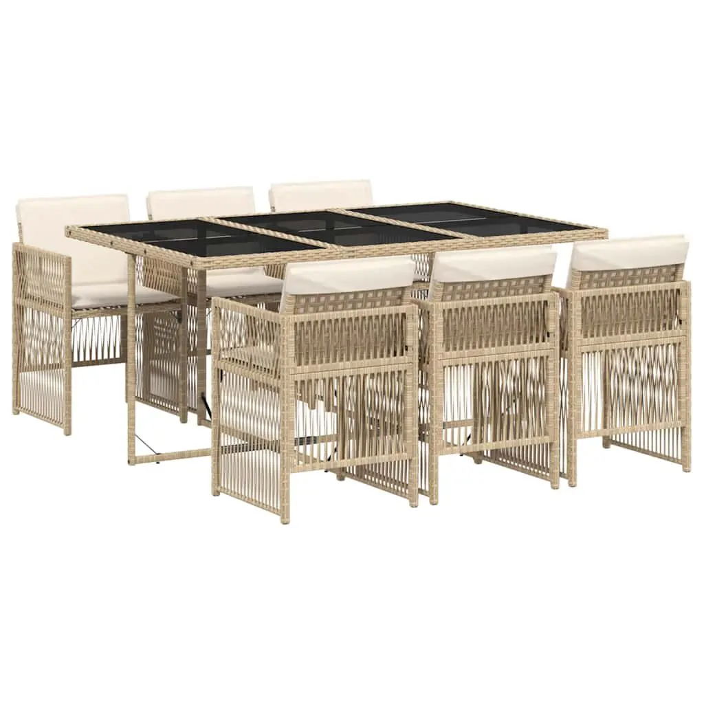 7 Piece Garden Dining Set Beige PE Rattan with Cushions and Tempered Glass Tabletop