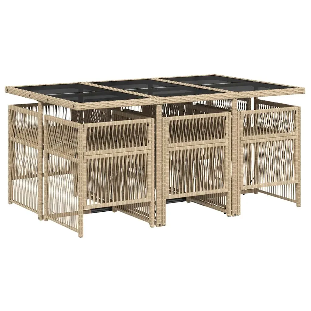 7 Piece Garden Dining Set Beige PE Rattan with Cushions and Tempered Glass Tabletop