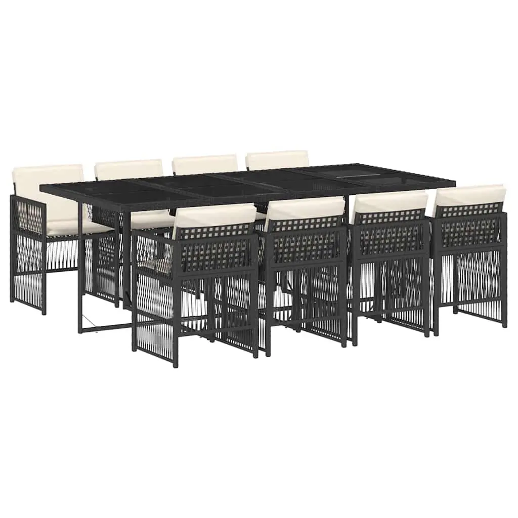 9 Piece Cushioned Dining Set Black Poly Rattan Frame Tempered Glass Table Top for Outdoor Patio Furniture