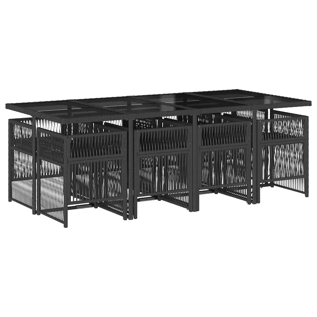 9 Piece Cushioned Dining Set Black Poly Rattan Frame Tempered Glass Table Top for Outdoor Patio Furniture