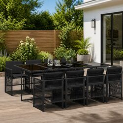 9 Piece Outdoor Dining Set Black Poly Rattan Chairs Table Patio Furniture