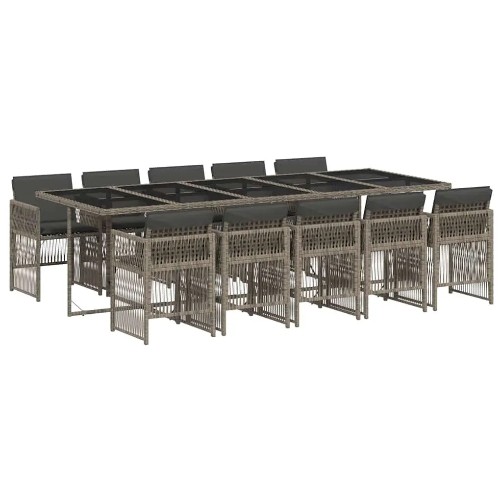 Garden Dining Set PE Rattan 11 Piece Outdoor Patio Furniture Grey with Tempered Glass Table and Cushions
