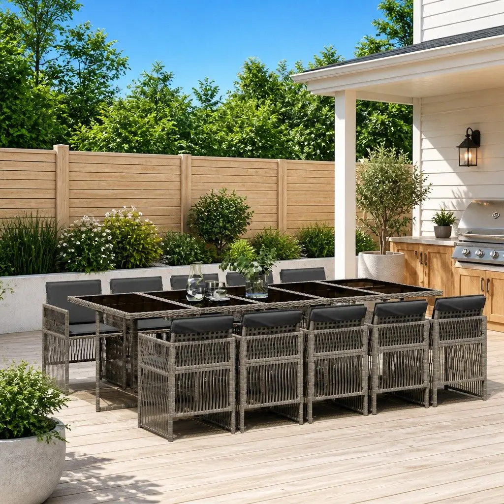 Garden Dining Set 11 Piece Outdoor Furniture PE Rattan Beige Cushions Tempered Glass Table